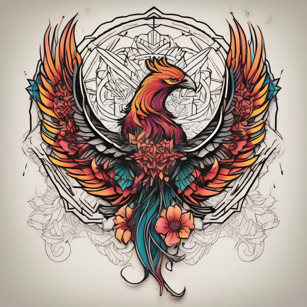 phoenix rising old school vintage simple traditional design surrounded by vintage flowers bold color simple simple-for-men, AI-generated Geometric tattoo design