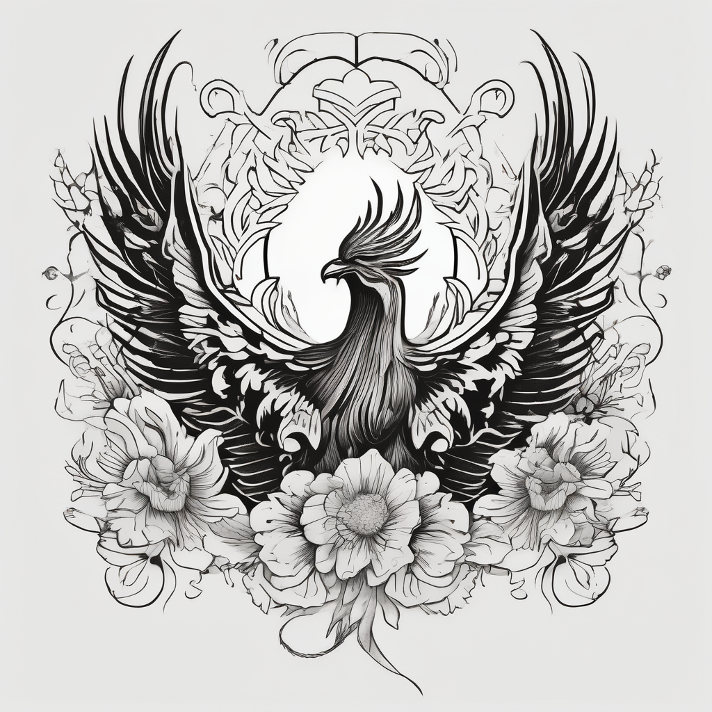 phoenix rising old school vintage simple traditional design surrounded by vintage flowers bold color simple simple-for-men, AI-generated Minimalist tattoo design