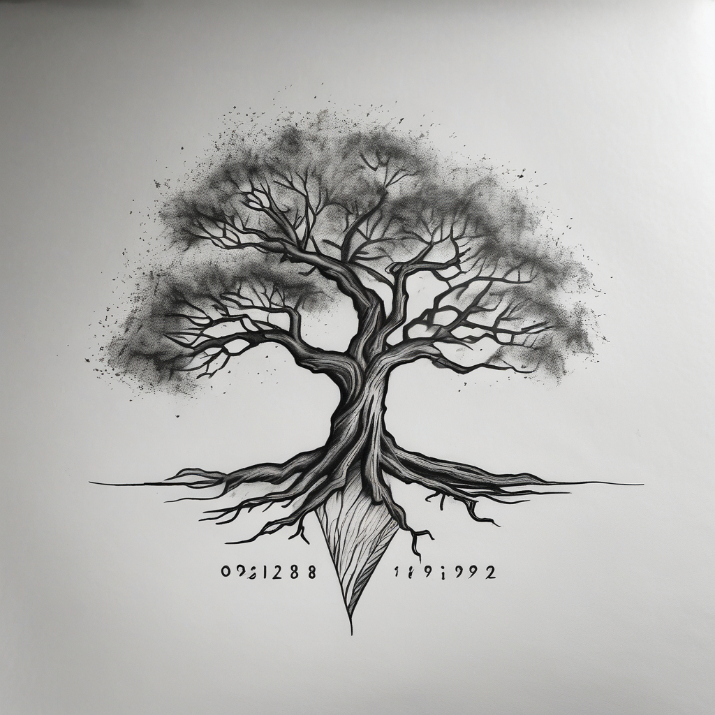 simple windy tree tattoo linework stencil with date 02.18.1998 simple-for-men(AIが生成したリアリズムスタイルのタトゥーデザイン)