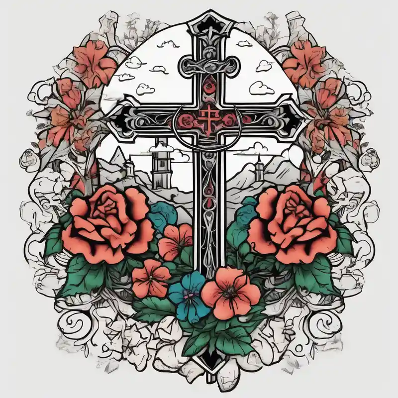 three crosses on hill vintage flowers old school vintage simple traditional design bold color simple
