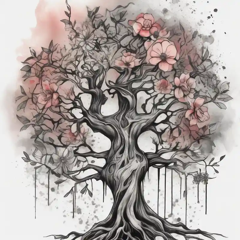 tree with roots old school vintage simple traditional design with vintage flowers surrounding bold color simple