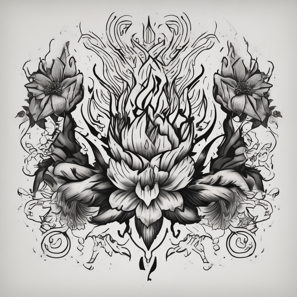 tongues of fire old school vintage simple traditional design with vintage flowers surrounding bold color simple simple-for-men(AIが生成したブラックワークスタイルのタトゥーデザイン)