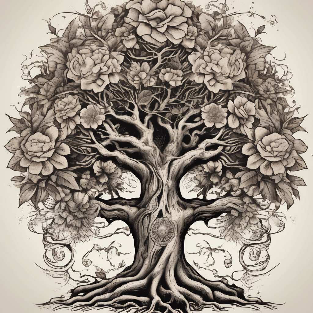 tree with roots old school vintage simple traditional design with vintage flowers surrounding bold color simple simple-for-men, design de tatouage Réaliste généré par IA