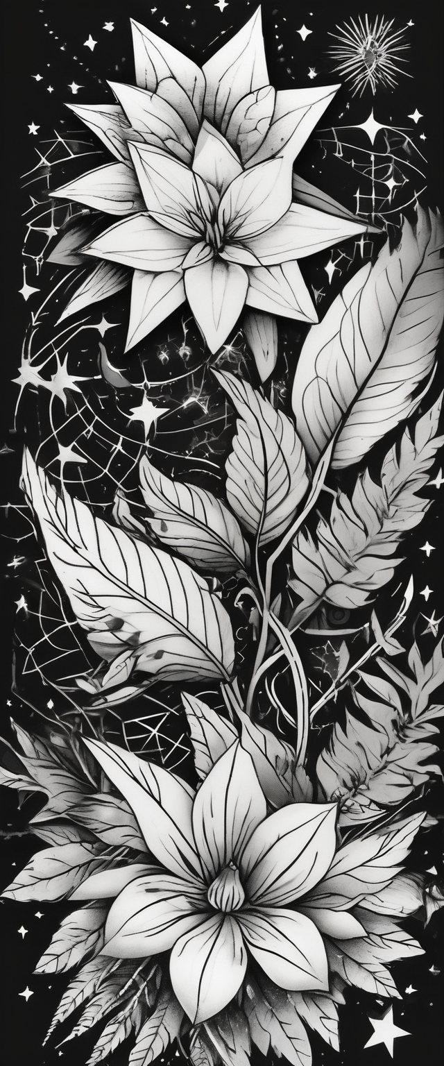 Simple, delicate, fine line, stars, plant. Vertical simple-for-men, AI-generated Black and White tattoo design