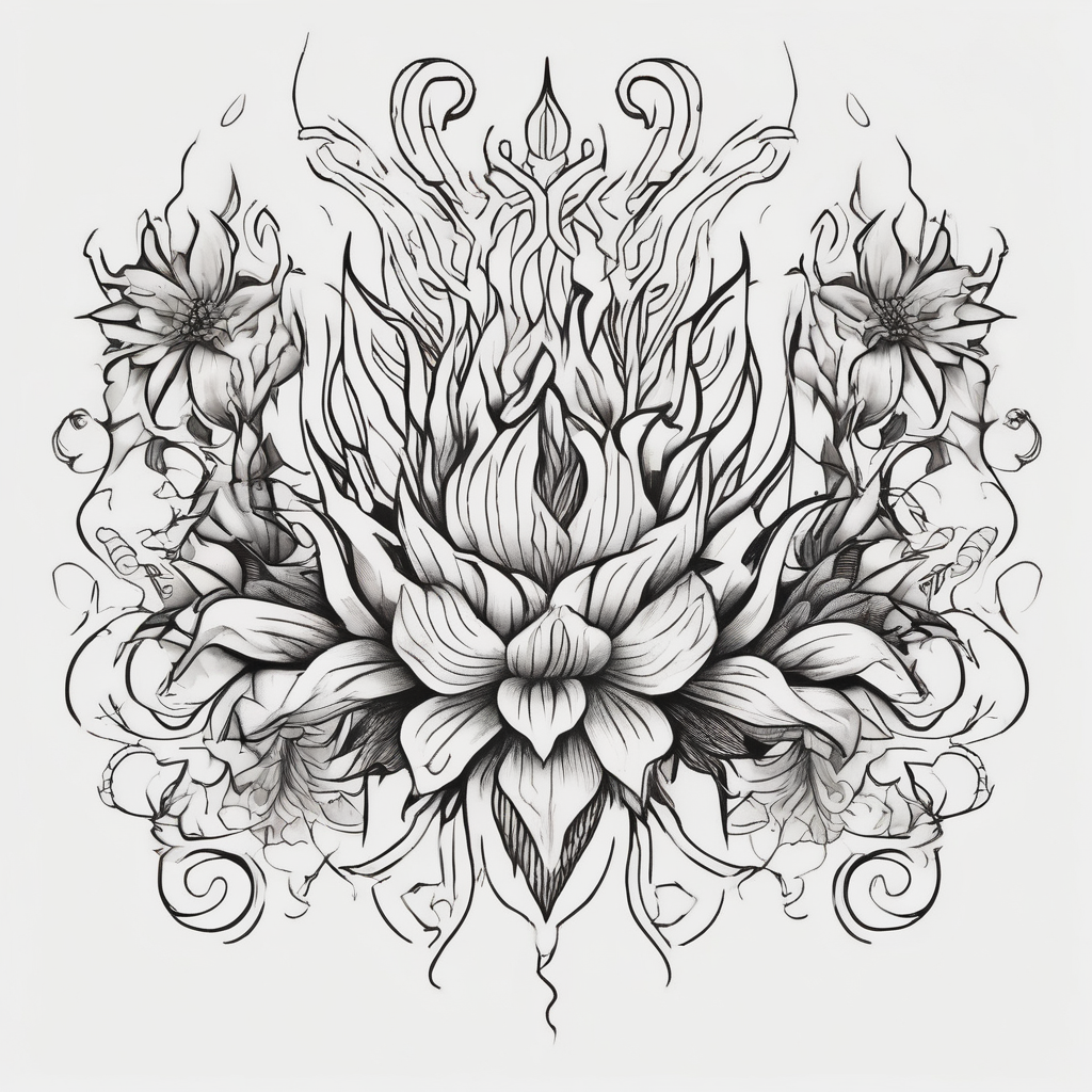 tongues of fire old school vintage simple traditional design with vintage flowers surrounding bold color simple simple-for-men(AIが生成したミニマルスタイルのタトゥーデザイン)