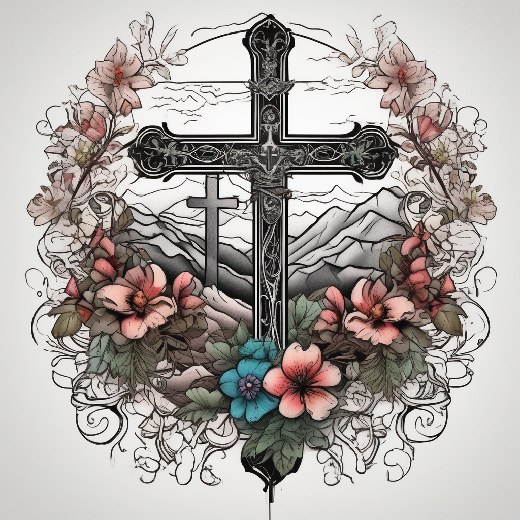 three crosses on hill vintage flowers old school vintage simple traditional design bold color simple simple-for-men, design de tatouage Réaliste généré par IA