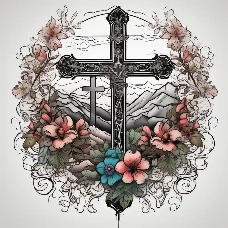 three crosses on hill vintage flowers old school vintage simple traditional design bold color simple – Réaliste, Couleurs vives