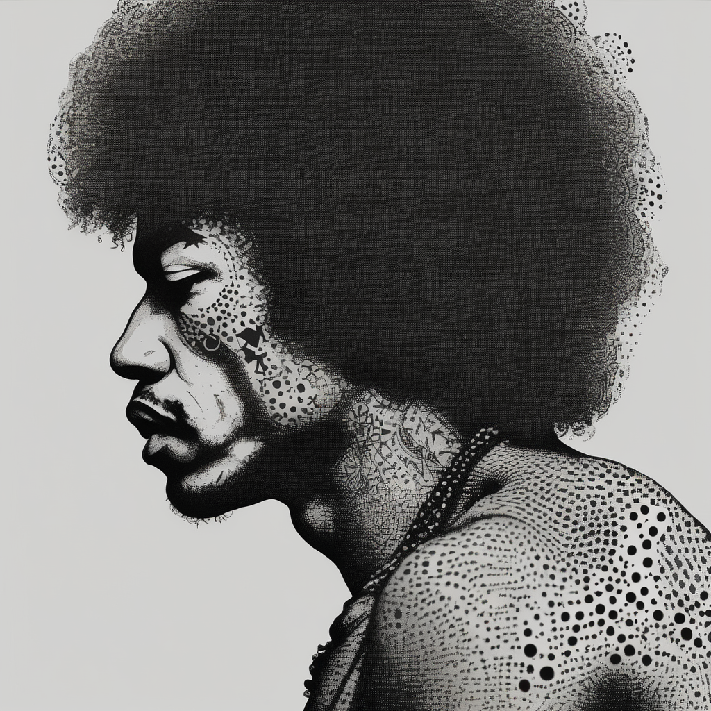 Jimi hendrix, simple, silhouette simple-for-men, AI-generated Dotwork tattoo design