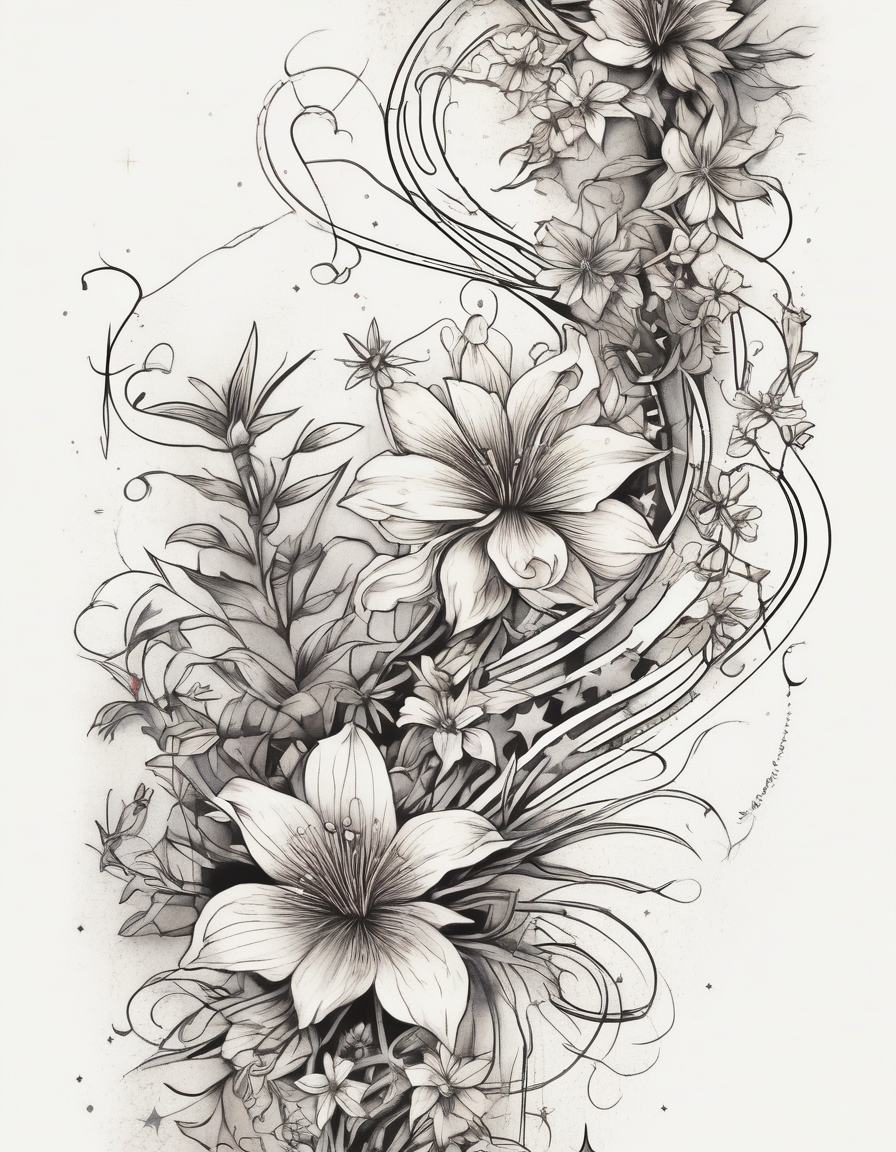 Simple, delicate, fine line, stars, plant. Vertical simple-for-men, AI-generated Japanese tattoo design