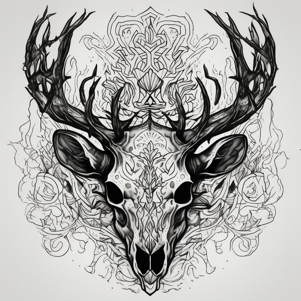 A scary decayed deer skull head with flames and trees sister-tree, diseño de tatuaje Blackwork generado con IA