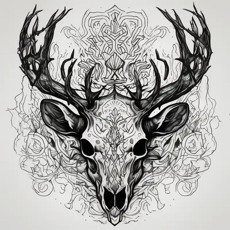 A scary decayed deer skull head with flames and trees