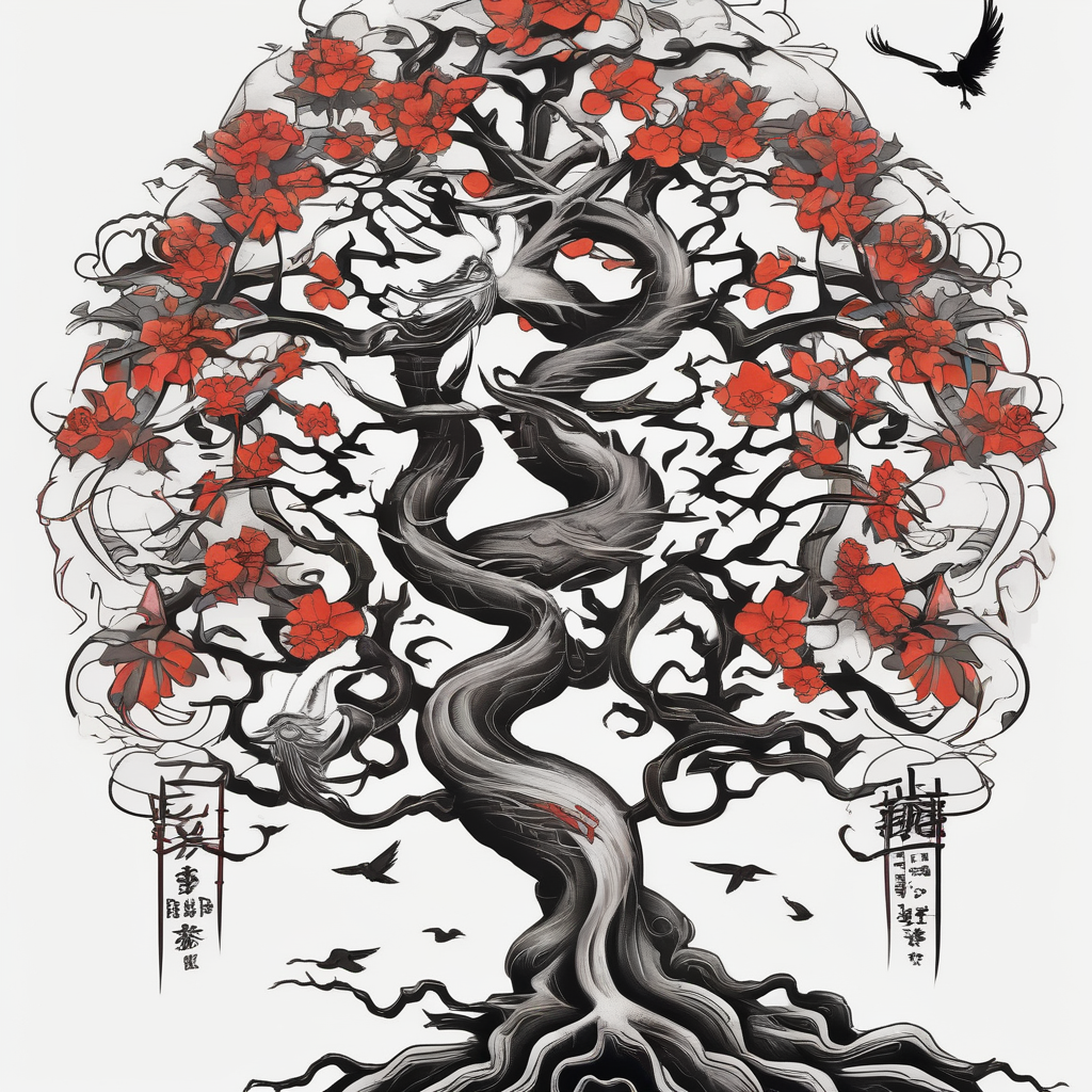 tree with roots and birds old school vintage simple traditional design with vintage flowers surrounding bold color simple sister-tree, design de tatouage Japonais généré par IA