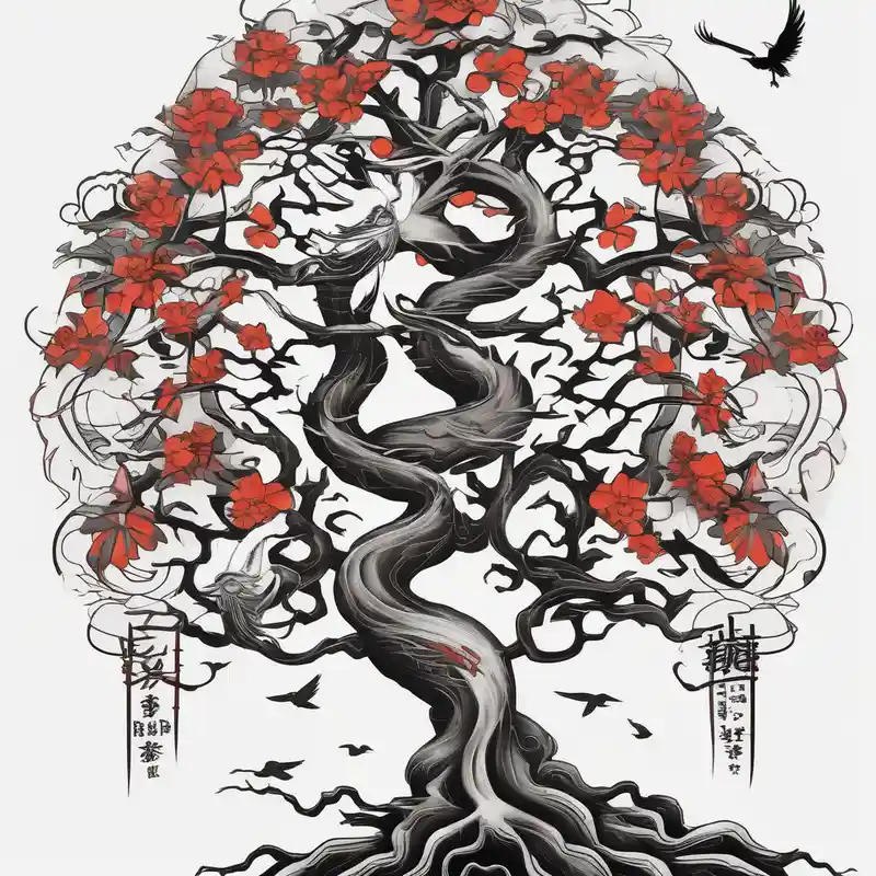 tree with roots and birds old school vintage simple traditional design with vintage flowers surrounding bold color simple – Japonais, Couleurs vives