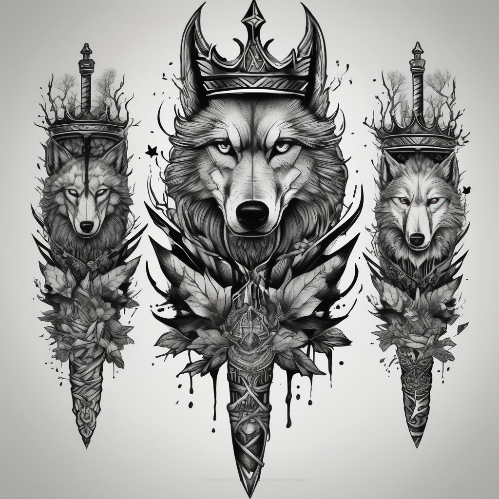 Create a vision of arm tattoo sleeve with combination of sword, crown, tree and three wolves to represent clients family roots sister-tree, diseño de tatuaje Blackwork generado con IA