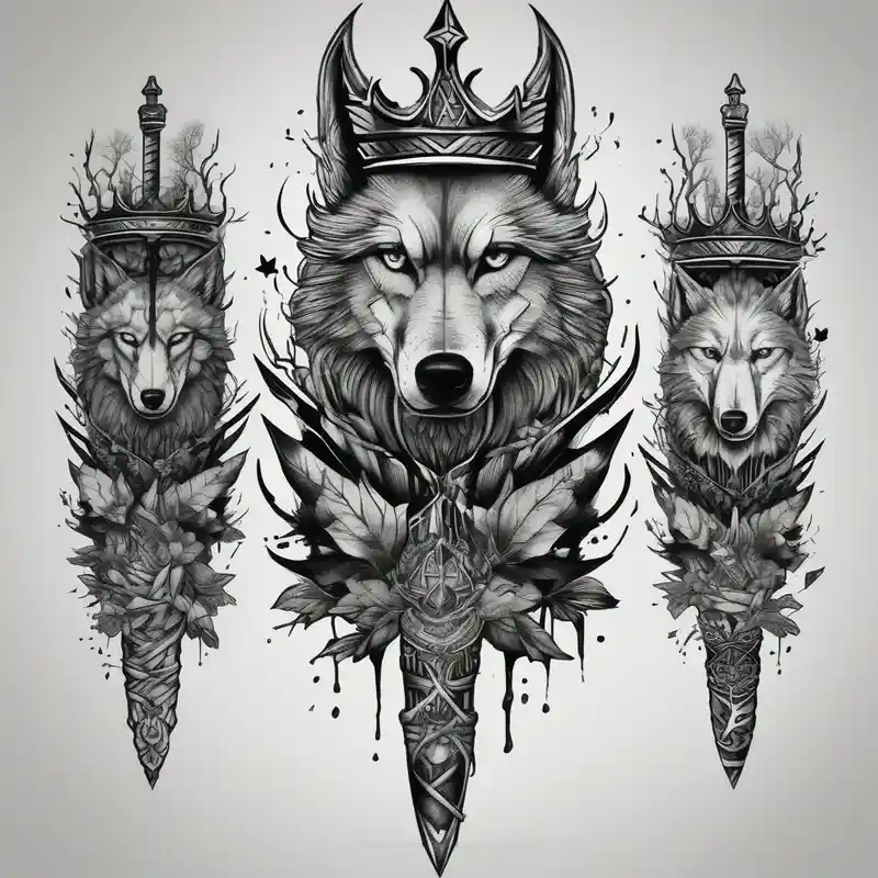 Create a vision of arm tattoo sleeve with combination of sword, crown, tree and three wolves to represent clients family – Blackwork, Colores vivos