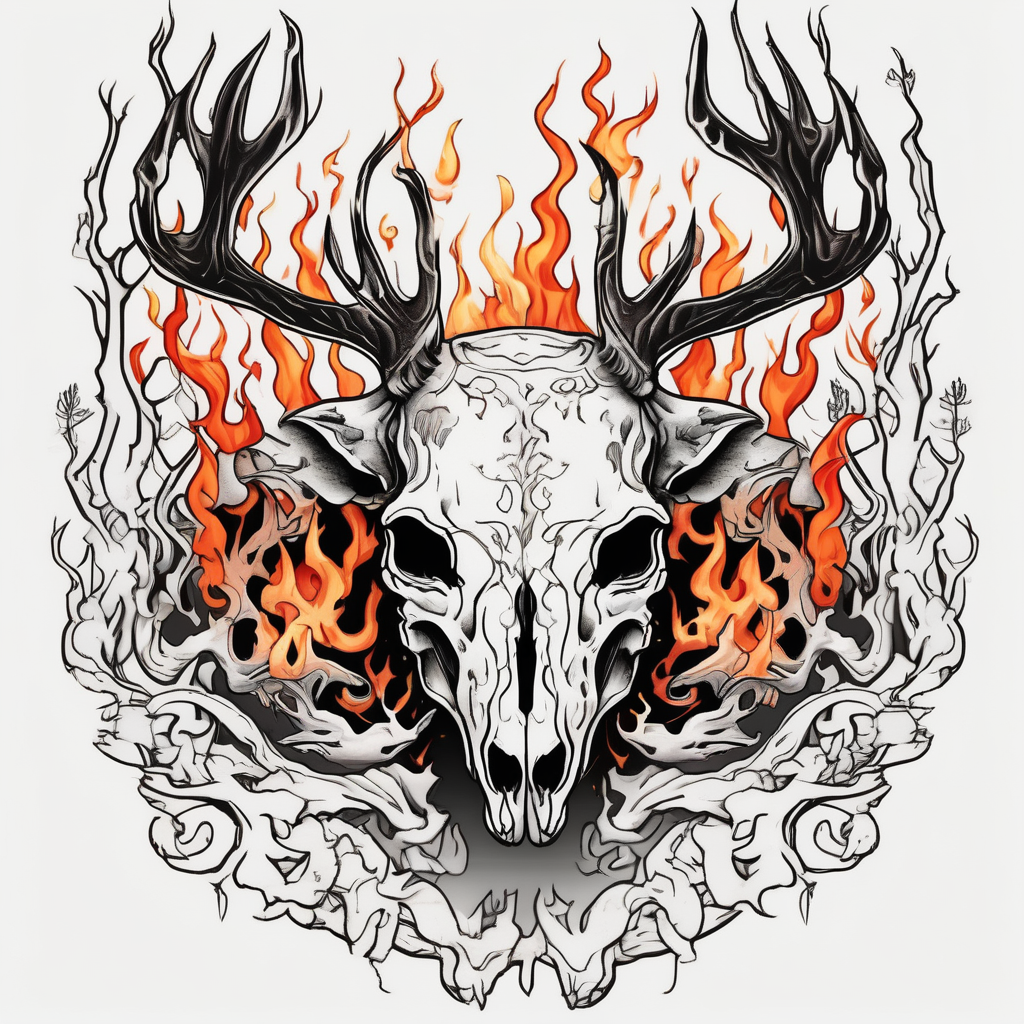 A scary decayed deer skull head with flames and trees sister-tree, AI-generated Japanese tattoo design