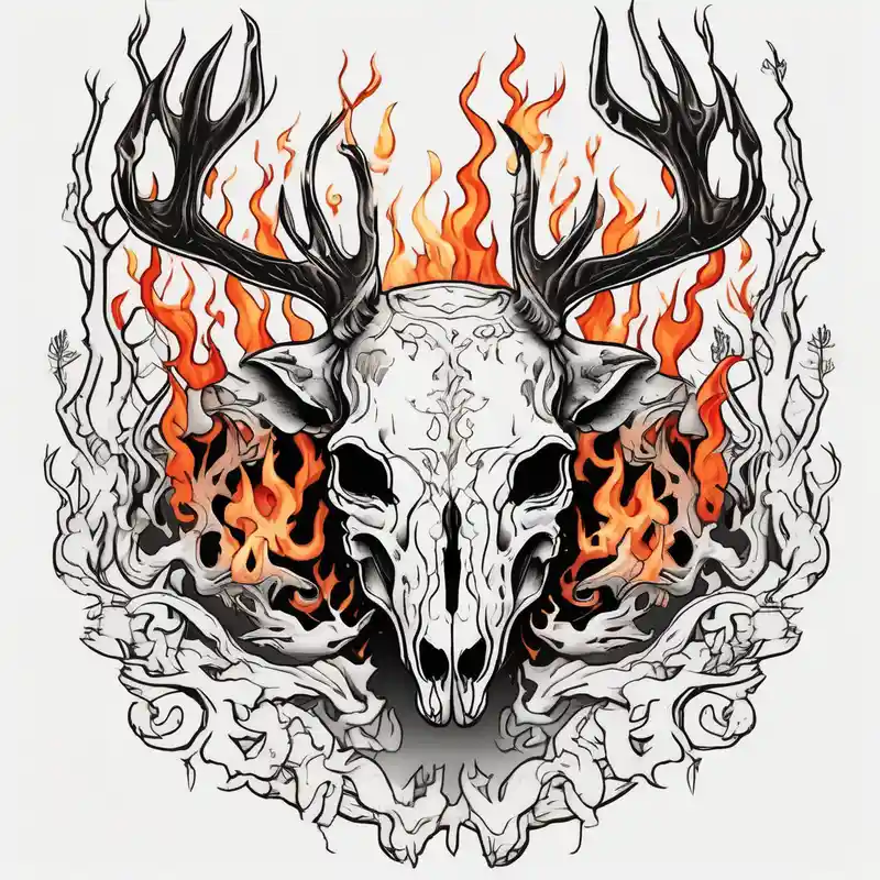 A scary decayed deer skull head with flames and trees – Japanese, Vibrant color