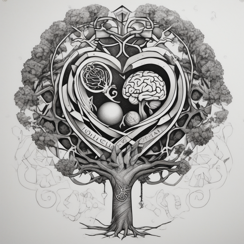 Micro realism tattoo design featuring the helix merging into the tree of life. With my zodiac sign libra holding the brain and heart on each side of the scale with the heart out weighing the brain sister-tree, design de tatouage Géométrique généré par IA