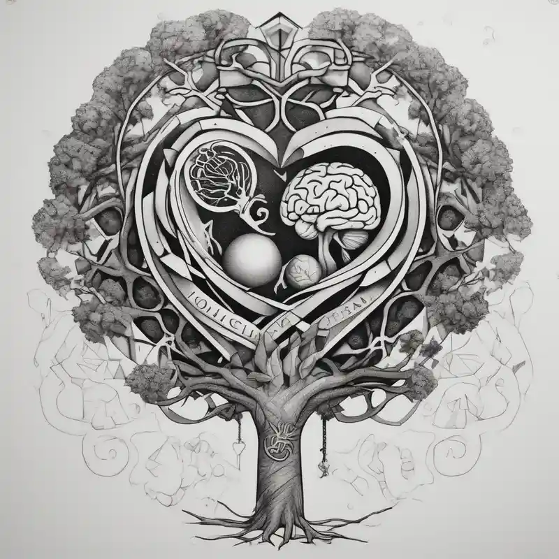 Micro realism tattoo design featuring the helix merging into the tree of life. With my zodiac sign libra holding the brain – Géométrique, Couleurs vives