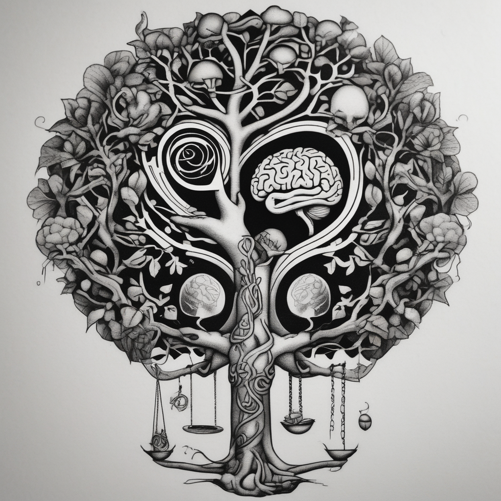 Micro realism tattoo design featuring the helix merging into the tree of life. With my zodiac sign libra holding the brain and heart on each side of the scale with the heart out weighing the brain sister-tree, design de tatouage Blackwork généré par IA