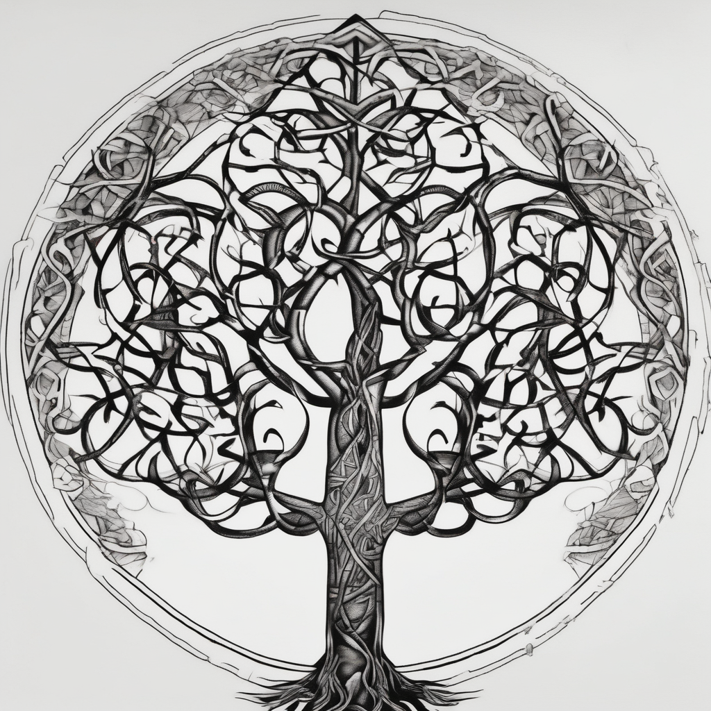 fine line vines, tree, minor geometric aspects. sister-tree, diseño de tatuaje Blackwork generado con IA