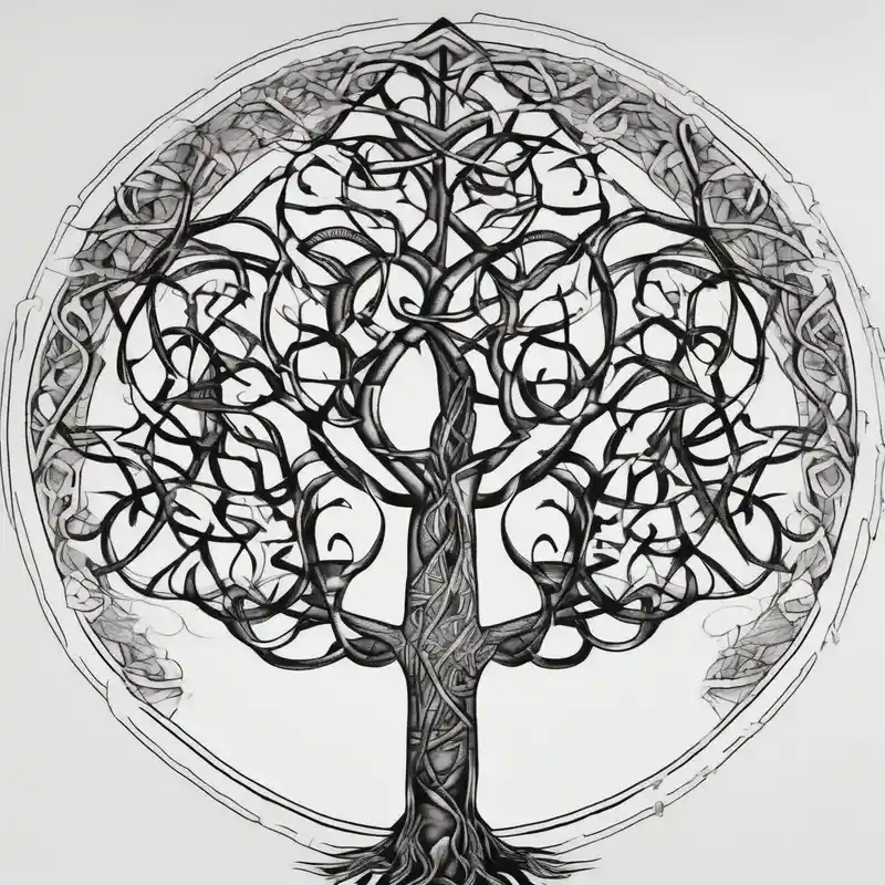 fine line vines, tree, minor geometric aspects.
