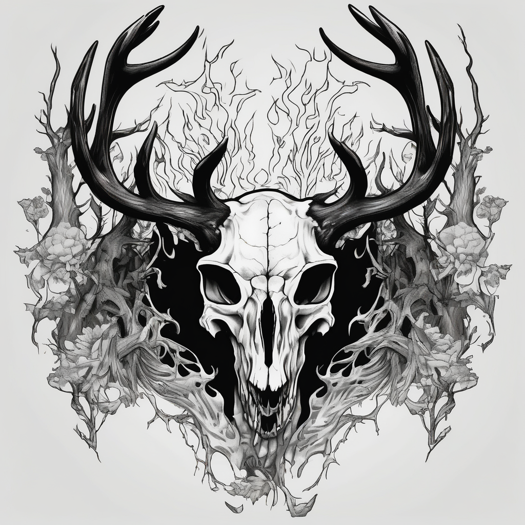 side profile of a DECAYING deer skull JUST BONE lore accurate wendigo surrounded by a flames and trees sister-tree, diseño de tatuaje Japonés generado con IA