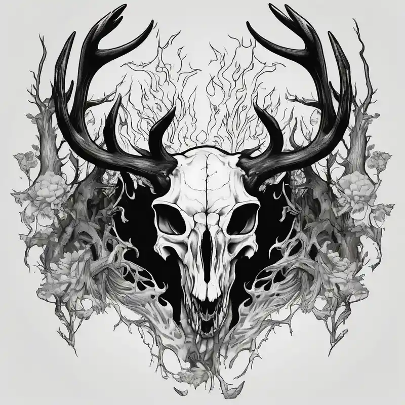 side profile of a DECAYING deer skull JUST BONE lore accurate wendigo surrounded by a flames and trees – Japonés, Blanco y negro