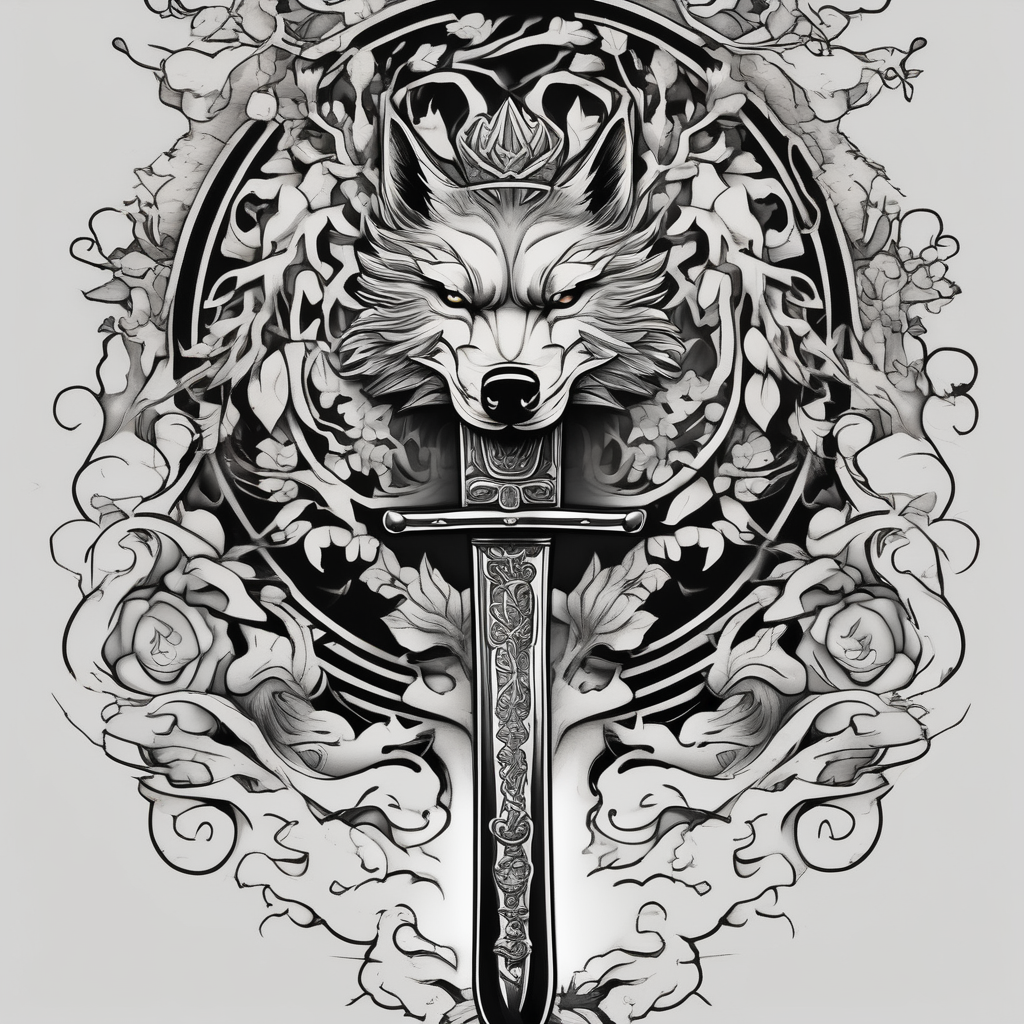 Create a vision of arm tattoo sleeve with combination of sword, crown, tree and three wolves to represent clients family roots sister-tree, diseño de tatuaje Japonés generado con IA