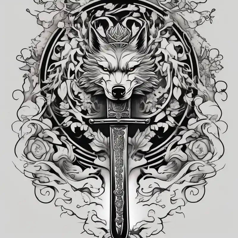Create a vision of arm tattoo sleeve with combination of sword, crown, tree and three wolves to represent clients family – Japonés, Blanco y negro