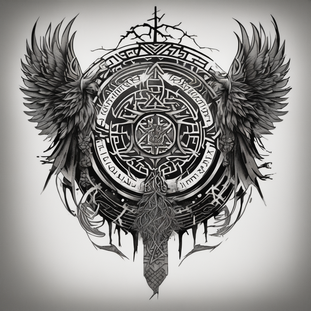 Viking style tattoo throughout the design. Designed to start at the top of the shoulder and then go down the upper arm. A Viking Vegvisir with wings around it, Viking Valknut, tree of life with roots sister-tree, diseño de tatuaje Blackwork generado con IA