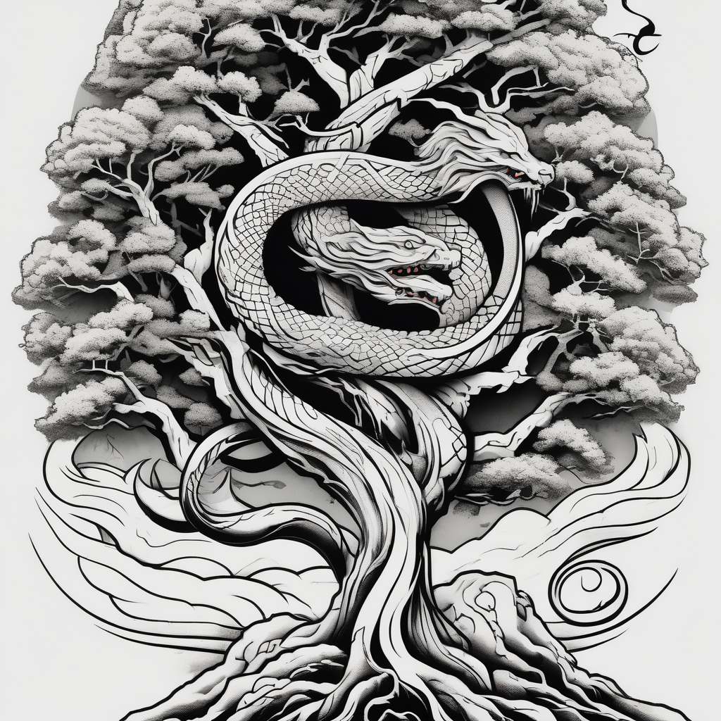 norse mythology world serpent wrap around giant tree tattoo design sister-tree, diseño de tatuaje Japonés generado con IA