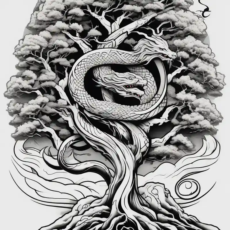 norse mythology world serpent wrap around giant tree tattoo design