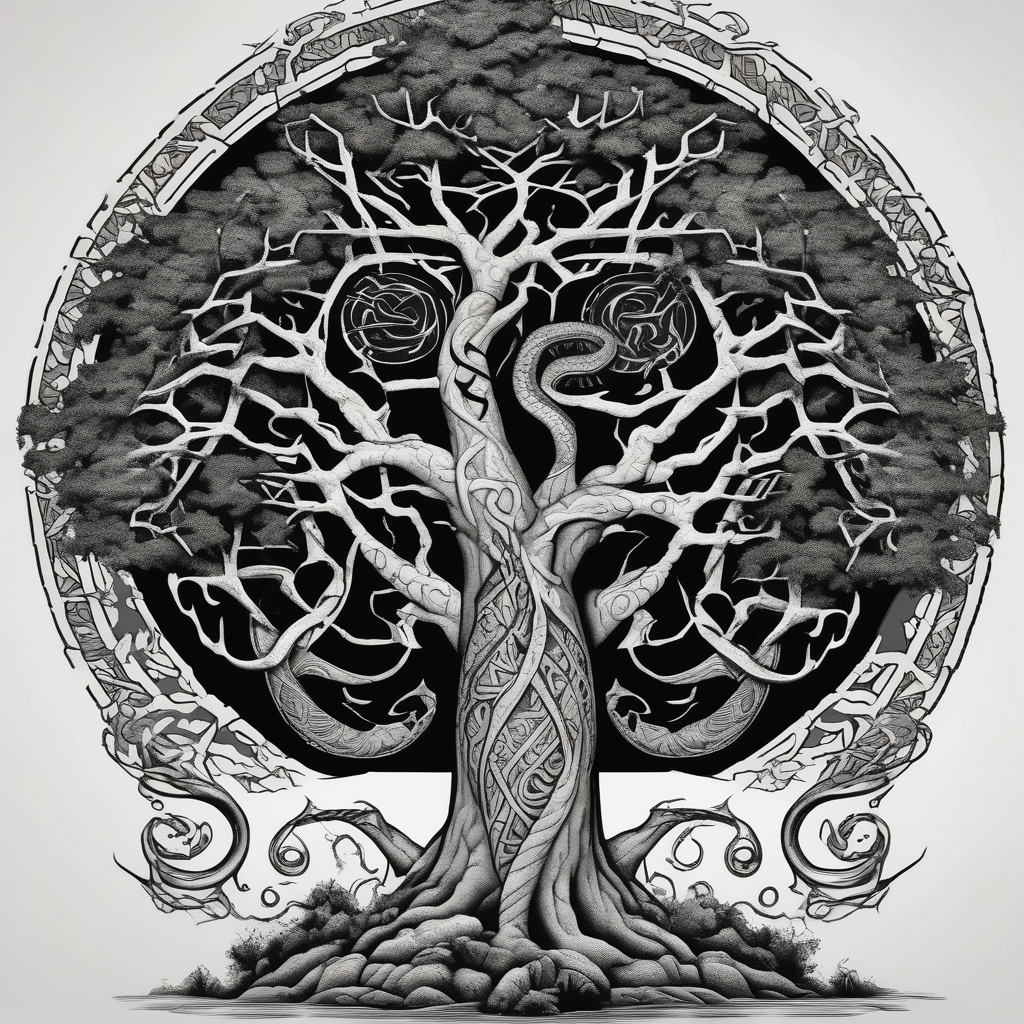 norse mythology world serpent wrap around giant tree tattoo design sister-tree, AI-generated Blackwork tattoo design