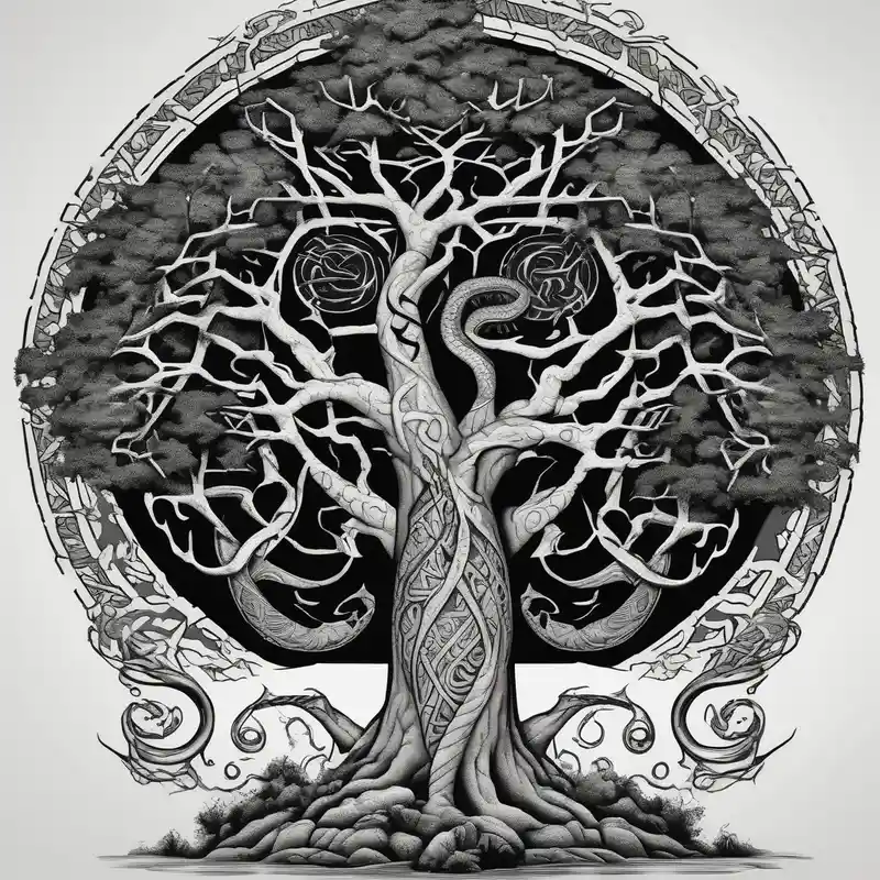 norse mythology world serpent wrap around giant tree tattoo design – Blackwork, Vibrant color