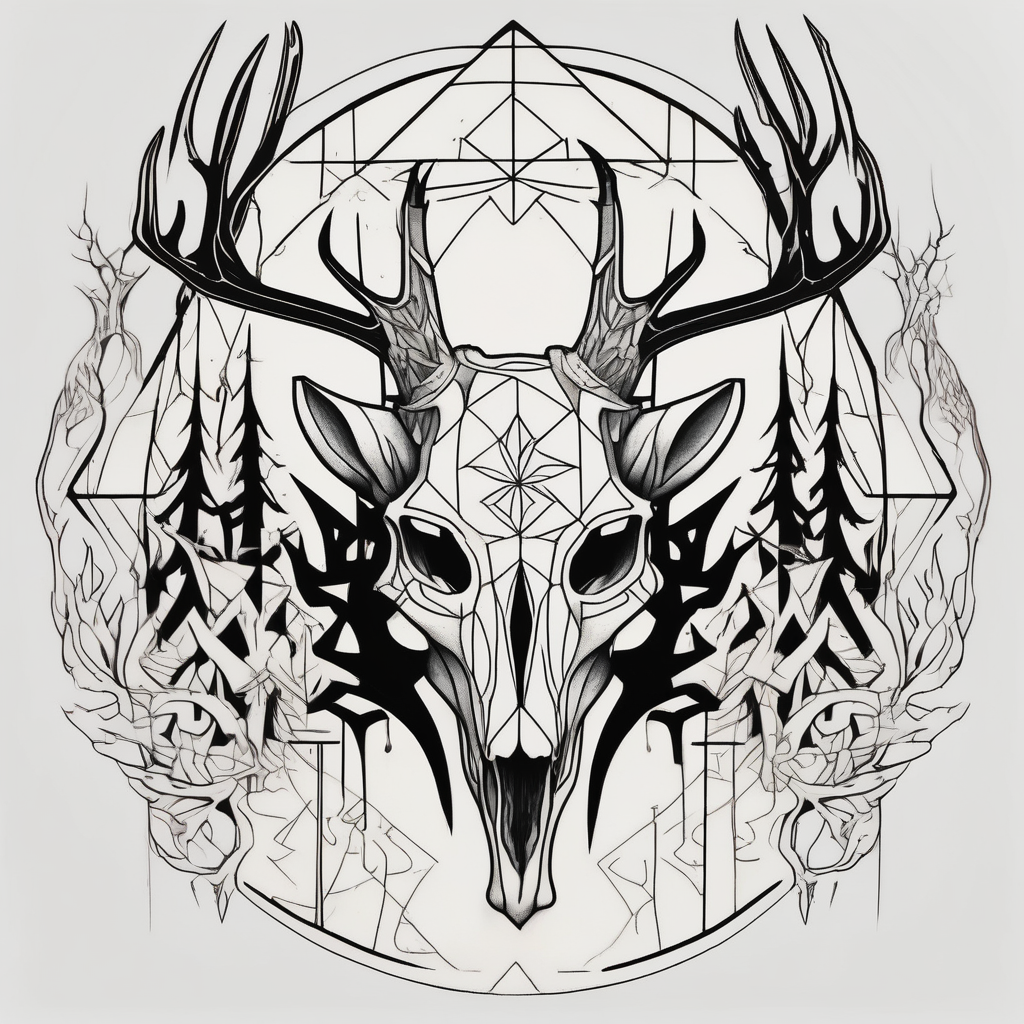 side view of a standing on two legs deer humanoid skull JUST BONE surrounded by a flames and trees sister-tree, design de tatouage Géométrique généré par IA