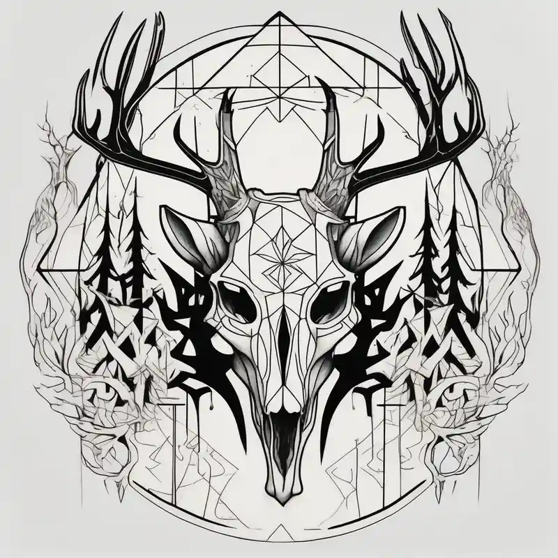 side view of a standing on two legs deer humanoid skull JUST BONE surrounded by a flames and trees