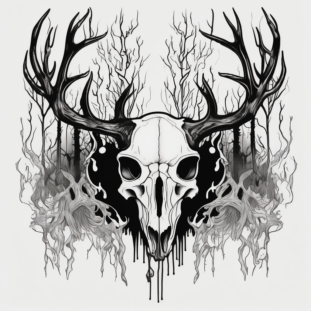 Scary side profile of a DECAYING deer skull JUST BONE surrounded by a flames and trees in background sister-tree, diseño de tatuaje Blackwork generado con IA