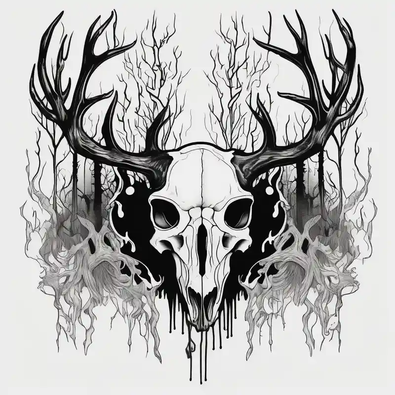 Scary side profile of a DECAYING deer skull JUST BONE surrounded by a flames and trees in background