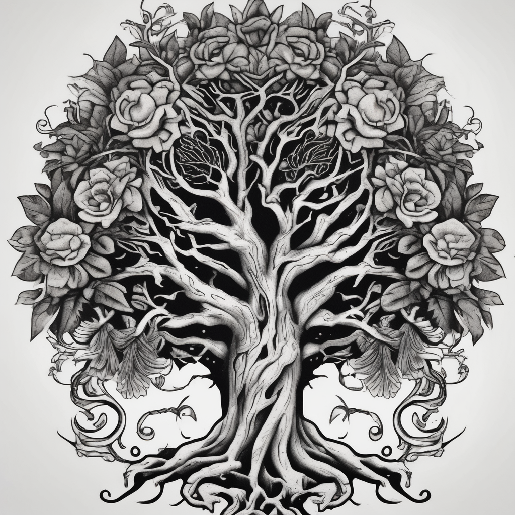 tree with roots old school vintage simple traditional design with vintage flowers surrounding bold color simple sister-tree, design de tatouage Blackwork généré par IA