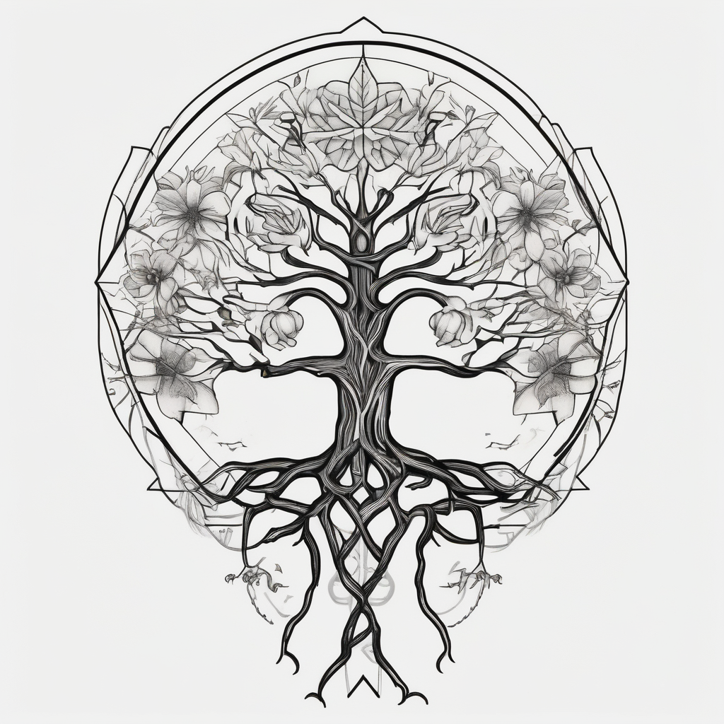tree with roots old school vintage simple traditional design with vintage flowers surrounding bold color simple sister-tree, design de tatouage Géométrique généré par IA
