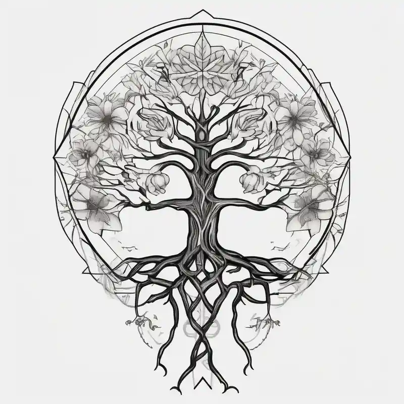 tree with roots old school vintage simple traditional design with vintage flowers surrounding bold color simple – Géométrique, Couleurs vives