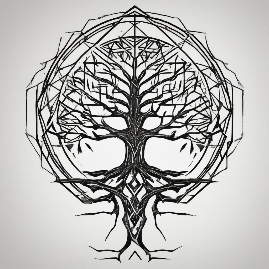 tree with long roots and branches sister-tree, diseño de tatuaje Geométrico generado con IA