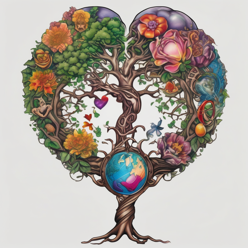 Micro realism tattoo design featuring the helix merging into the tree of life. With my zodiac sign libra holding the brain and heart on each side of the scale with the heart out weighing the brain sister-tree, design de tatouage Japonais généré par IA