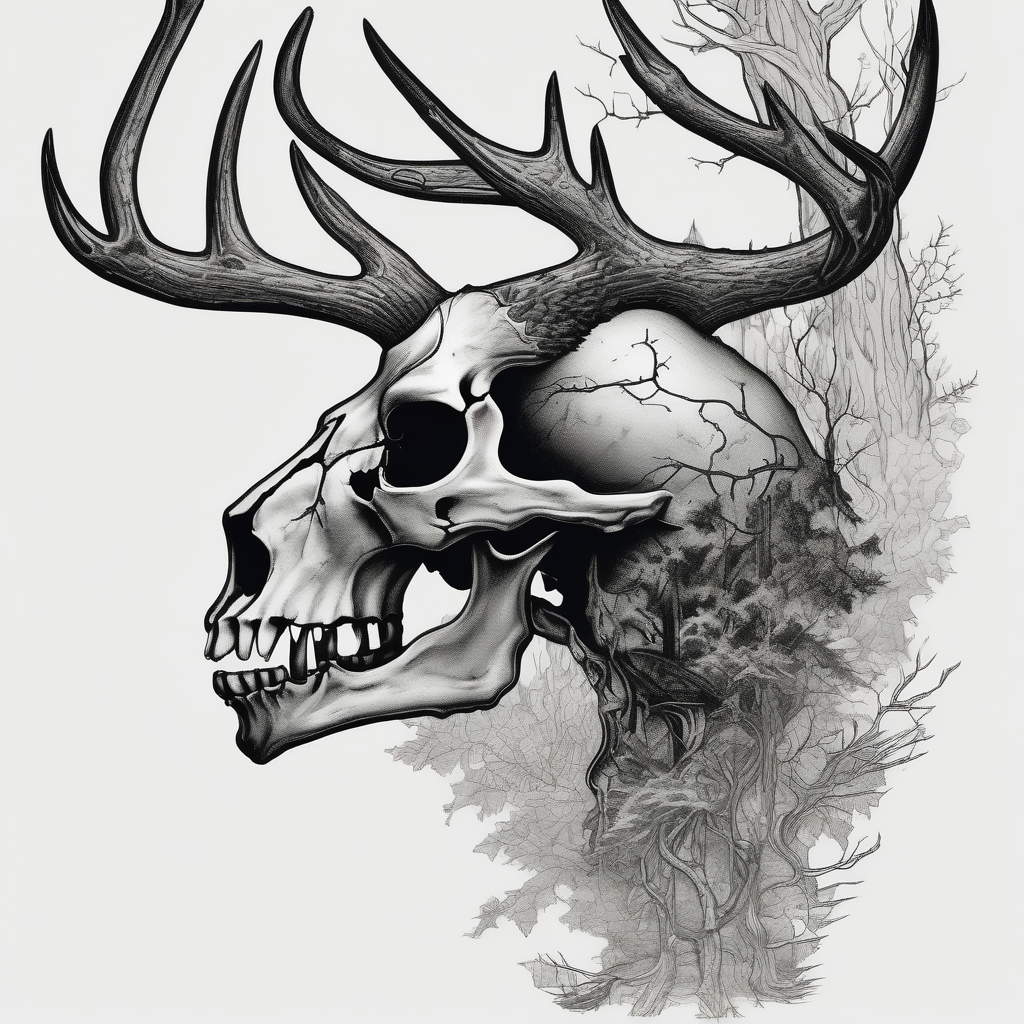 side profile of a DECAYING deer skull JUST BONE lore accurate wendigo surrounded by a flames and trees sister-tree, diseño de tatuaje Blackwork generado con IA