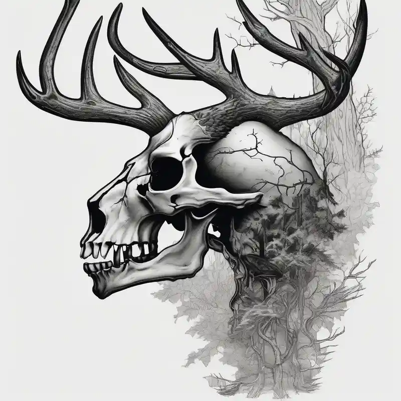 side profile of a DECAYING deer skull JUST BONE lore accurate wendigo surrounded by a flames and trees – Blackwork, Colores vivos