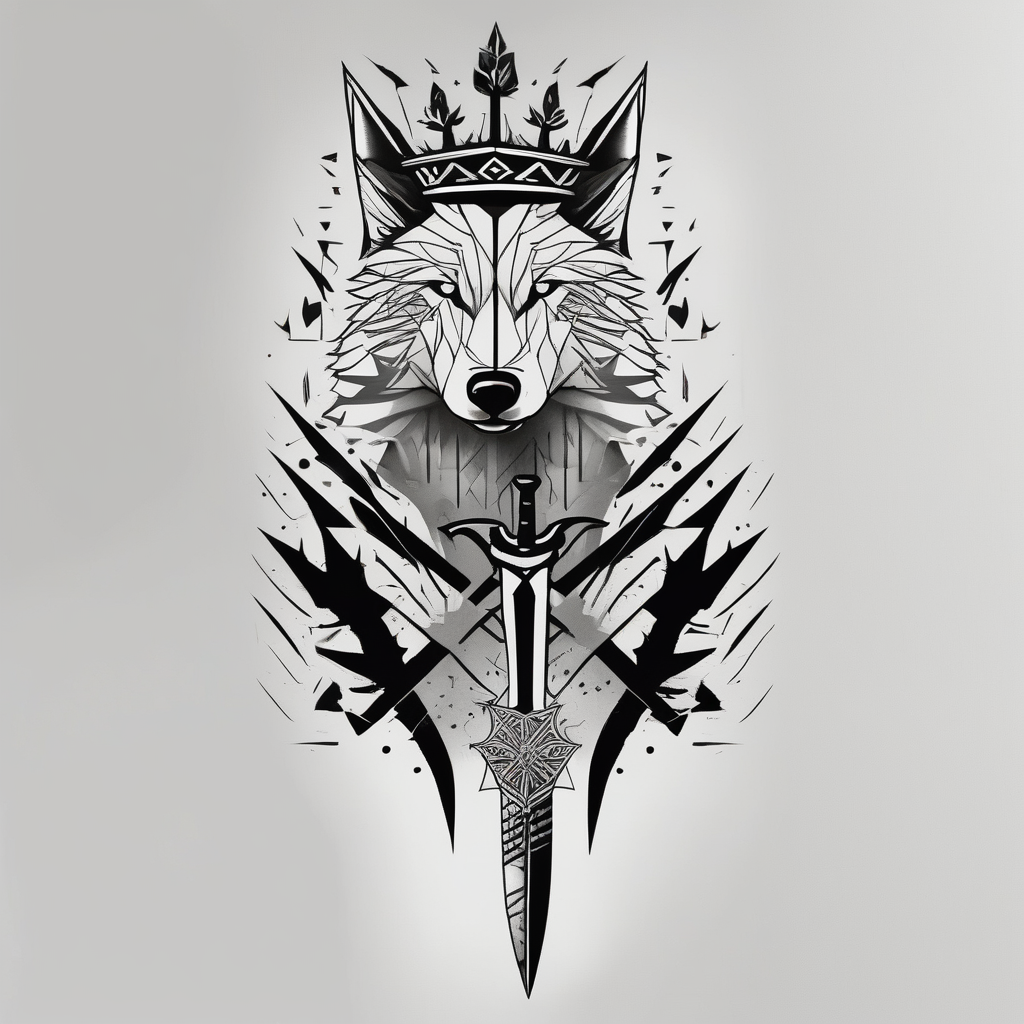 Create a vision of arm tattoo sleeve with combination of sword, crown, tree and three wolves to represent clients family roots sister-tree, diseño de tatuaje Geométrico generado con IA