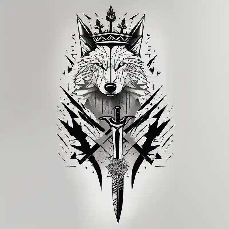 Create a vision of arm tattoo sleeve with combination of sword, crown, tree and three wolves to represent clients family