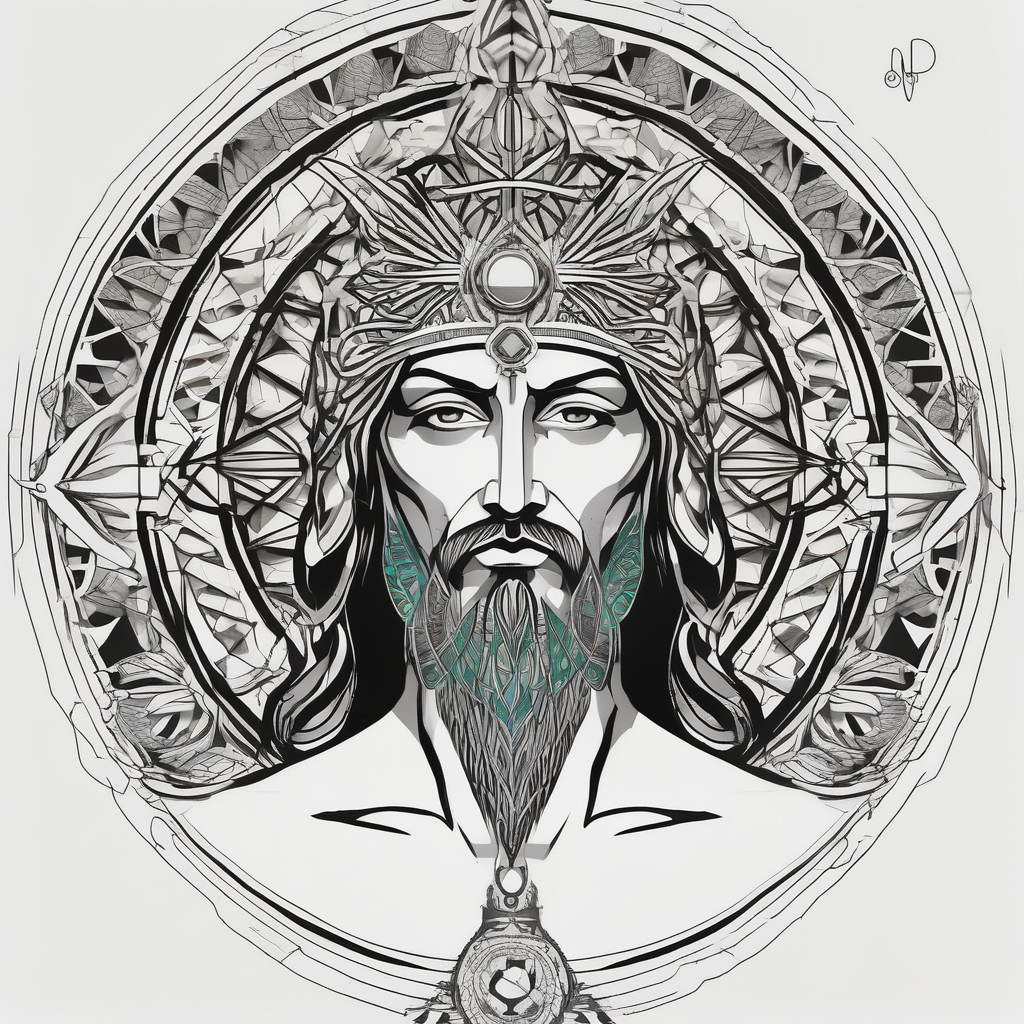 flat stern byzantine Christ with all-demanding eyes with a halo made of peacock feathers and pecan trees sister-tree, AI-generated Geometric tattoo design