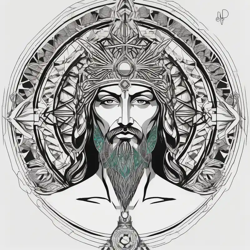 flat stern byzantine Christ with all-demanding eyes with a halo made of peacock feathers and pecan trees – Geometric, Black and white